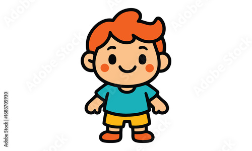 Cute cartoon boy character standing friendly smiling cheerful white background