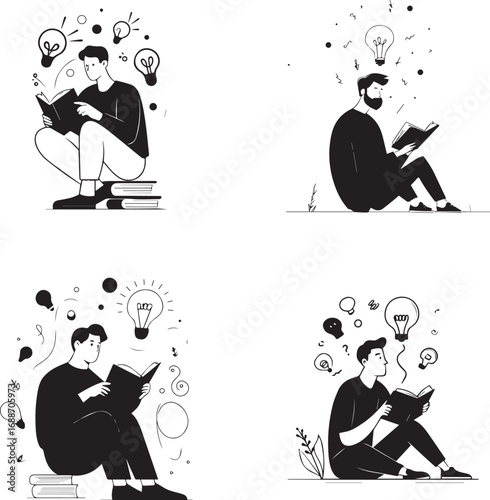 Illustration of a man reading a book and having ideas