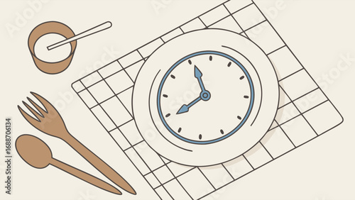 Clock on Plate Meal Time Table Setting Flatlay Illustration.