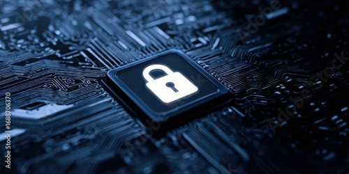 The digital security lock symbol on a futuristic circuit background.