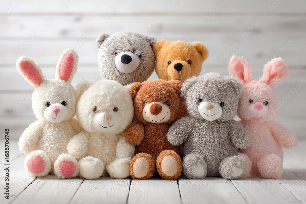 Fototapeta premium Collection of Plush Animal Dolls on a White Wooden Surface, Celebrating Friendship and Togetherness in a Family Environment