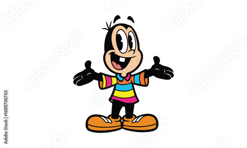 Happy cartoon ant character with colorful striped shirt white background