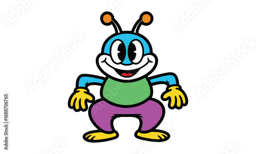 Cute cartoon alien character with big eyes and antennas white background