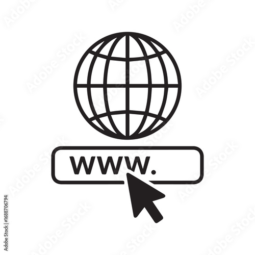 Go to web line icon. Vector illustration of a mouse cursor clicking a WWW address button with a globe symbol. Concept for internet, website, URL, and online browsing.

