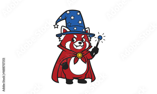 Cute red panda wizard holding magic wand and magical sparkles white background