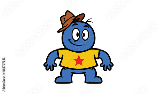 Cartoon blue character wearing a cowboy hat and yellow t-shirt white background