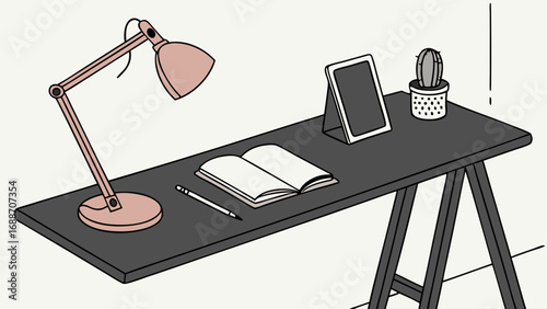 Desk workspace illustration minimalist home office design simple workspace clean desk modern interior flat lay top view graphic design digital art illustration artwork study table desk lamp open note.