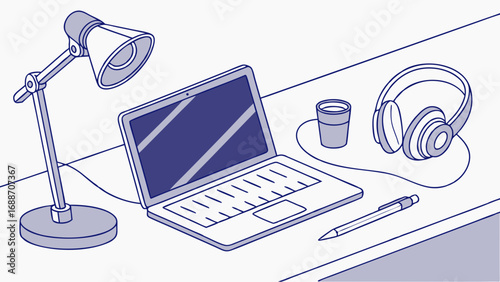 Desk workspace with laptop headphones lamp and cup illustration simple design office supplies study work from home.