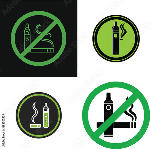 Vector art of collage of vaping prohibition signs with electronic cigarette and smoke