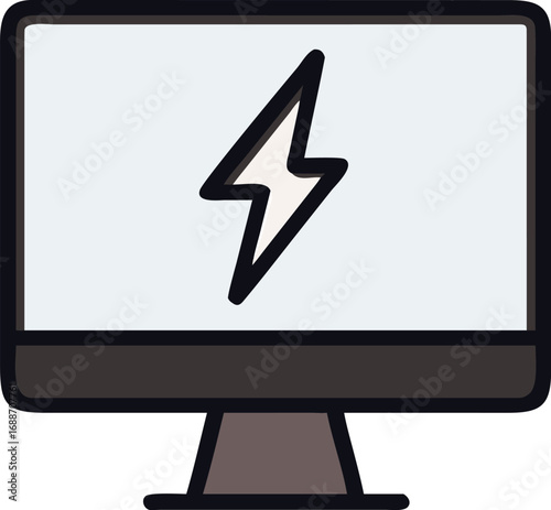 Vector art of a computer monitor icon with a lightning bolt symbol on its screen, featuring a light blue screen and dark gray base, representing digital power