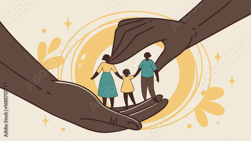 Family Protected by Hands Care Love and Support Illustration.
