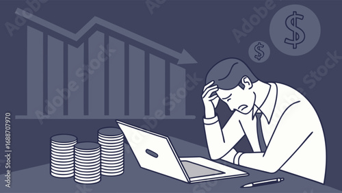 Financial Trouble Stressed Businessman Economic Downturn Business Failure Investment Loss Debt Worried Stress Anxiety Laptop Money Coins Graph Chart Decline Crisis Problem Solution Bankruptcy Recessi.
