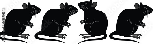 Four rat silhouette vector set, black rodent icons, mice side view illustration, pest animal design, wildlife clipart collection