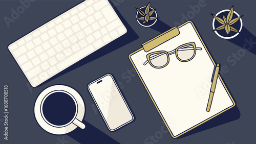 Flat lay of workspace with keyboard smartphone coffee clipboard and plants.