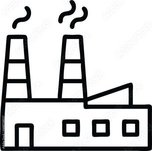 Vector art of simple black and white line drawing of a factory with two smokestacks emitting smoke, representing industrial production and pollution