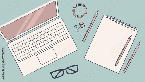 Flat lay of workspace with laptop notebook pencils and glasses.