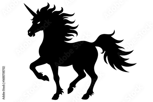 Silhouette of a powerful unicorn with a flowing mane and tail