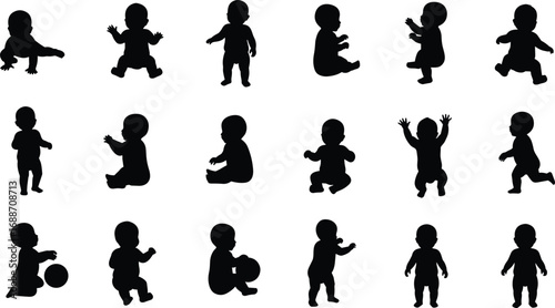Silhouette baby collection crawling, walking, sitting, playing with ball, toddler activity vector set, child growth stages, infant illustration pack