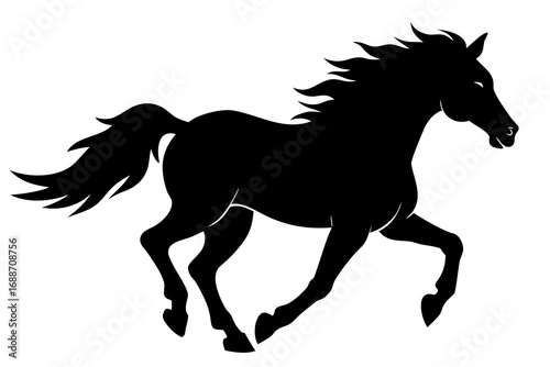 Black silhouette of a horse running with mane and tail flowing