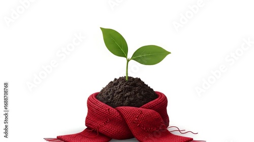 A small plant growing from a mound of soil wrapped in a red cloth on a white background.