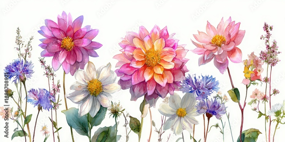 Obraz premium Floral Illustration of Dahlia in Watercolor Style Against a Soft Meadow Background