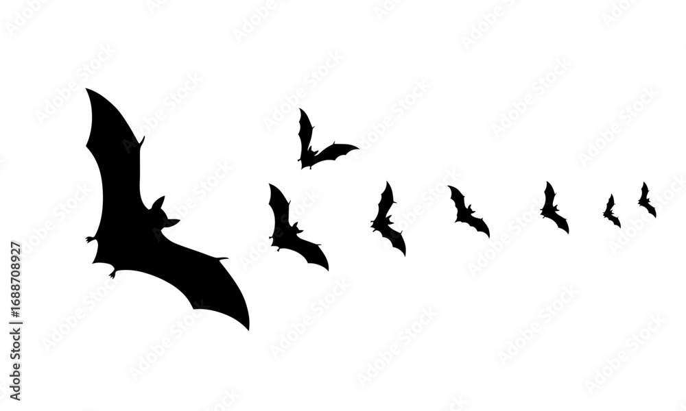 Obraz premium Silhouetted black bats flying in formation against a clean white backdrop for Halloween.