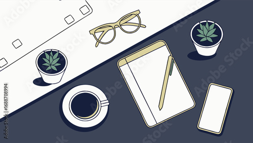 Flatlay of workspace with coffee plants notepad phone and glasses.