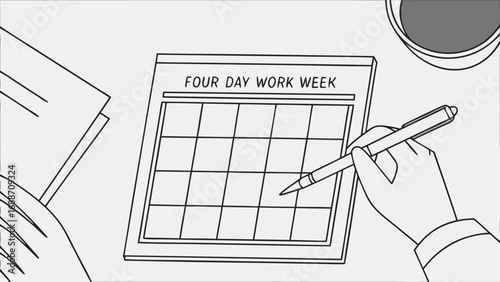 Hand planning a four-day work week schedule on a calendar minimalist line art illustration for business and work-life balance concepts.