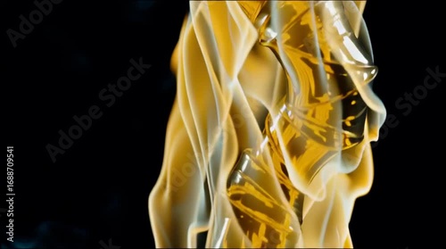 Intense fire flames swirling in super slow motion against a deep black background, every spark and ember captured with fluid eleganc