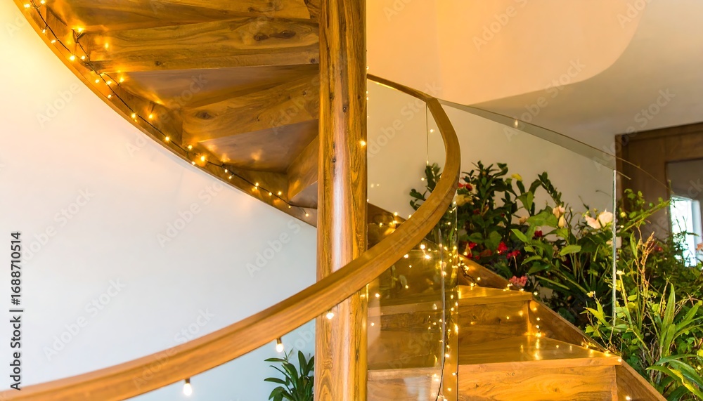 Fototapeta premium Spiral wooden staircase with glass railing and festive lights