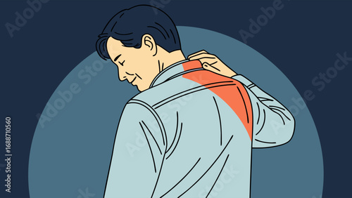 Illustration of a person experiencing back pain holding their upper back medical illustration healthcare pain relief.