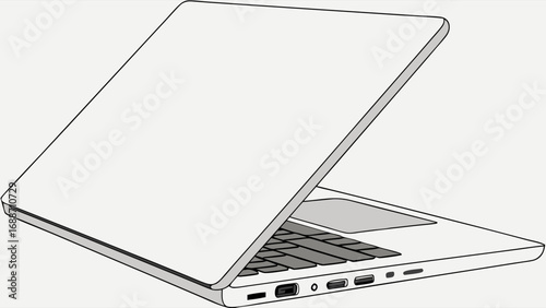 Illustration of a silver laptop computer slightly opened showcasing the keyboard and ports.