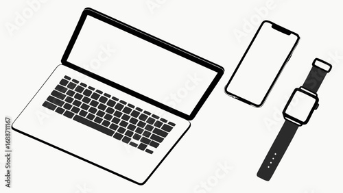 Isometric Illustration of Laptop Smartphone and Smartwatch Mockups with Blank Screens for Technology Designs.