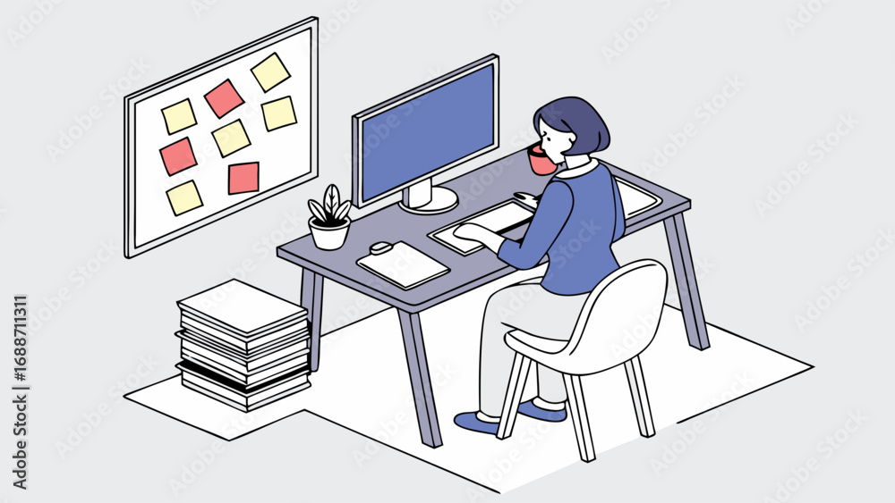 Fototapeta premium Isometric Illustration of Person Working at Desk with Computer and Sticky Notes.