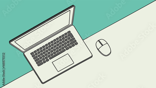 Laptop computer and mouse on desk flat lay top view illustration.