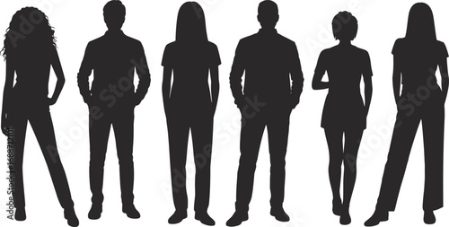 Group of diverse people silhouette standing together, different poses, male and female figures, casual clothing, social diversity, unity, teamwork, community concept illustration