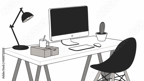 Modern minimalist workspace illustration desk setup home office design computer and chair simple workspace background clean design aesthetic illustration graphic digital art flat design vector illust.
