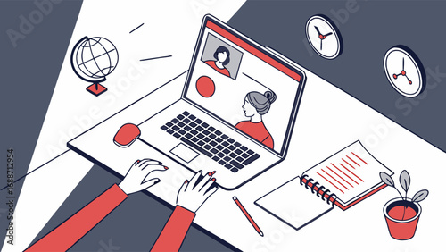 Online Video Conference Remote Work Virtual Meeting Laptop Computer Business Communication Illustration.