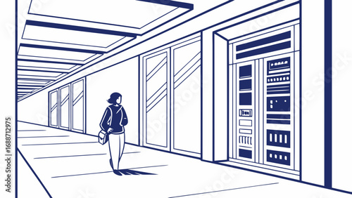 A lone woman walks down a modern hallway with server racks and glass doors in a minimalist blue line art style