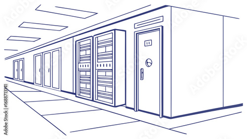 Clean line art drawing of a modern hallway with server racks and doors in a data center or office building