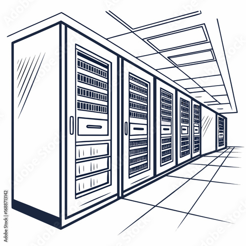Clean line art illustration of a modern data center server room with rows of racks
