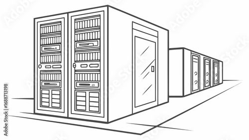 Clean line art illustration of a server room with multiple racks and a glass door