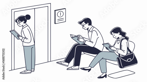 Diverse group of people patiently waiting for an elevator while reading books and tablets