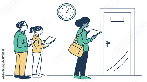 Diverse group of people standing in line holding papers near a closed door and a clock