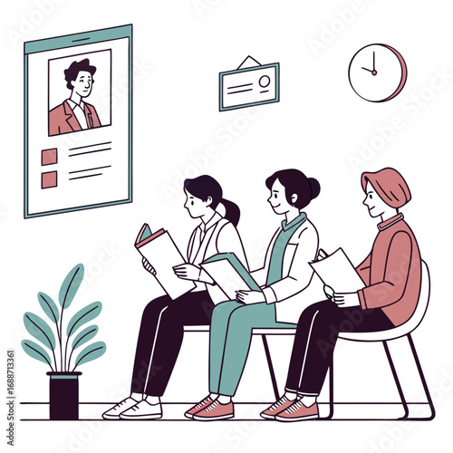 Diverse group of people waiting for job interviews in a modern office setting with resume and clock