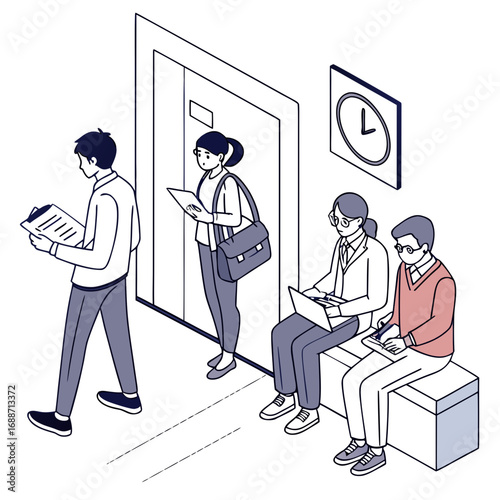 Diverse group of people waiting for an elevator in an office building lobby with a clock on the wall