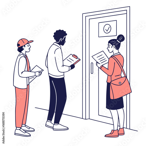 Diverse group of people waiting in line at a door holding documents and clipboards for approval