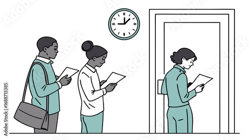 Diverse group of people waiting in line and reading documents near a clock and doorway