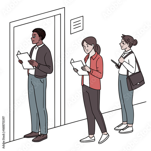 Diverse group of people waiting in line holding papers and looking at their phones near a doorway