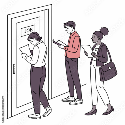 Diverse group of people waiting in line for a job interview outside an office door